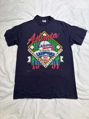 Anvil Atlanta Braves T-Shirt Size L 1991 Pennant Champions Navy Blue